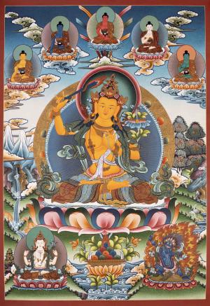 Manjushree Thangka Art Flanked By Mahakala And Other Bodhisattvas